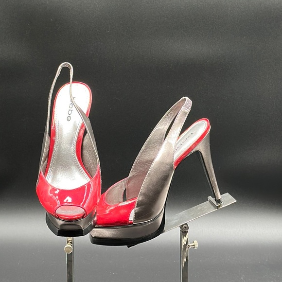 Bebe Zahara, Peach & silver, open toe sling back platform stilettos Size 8 Women - Picture 1 of 7